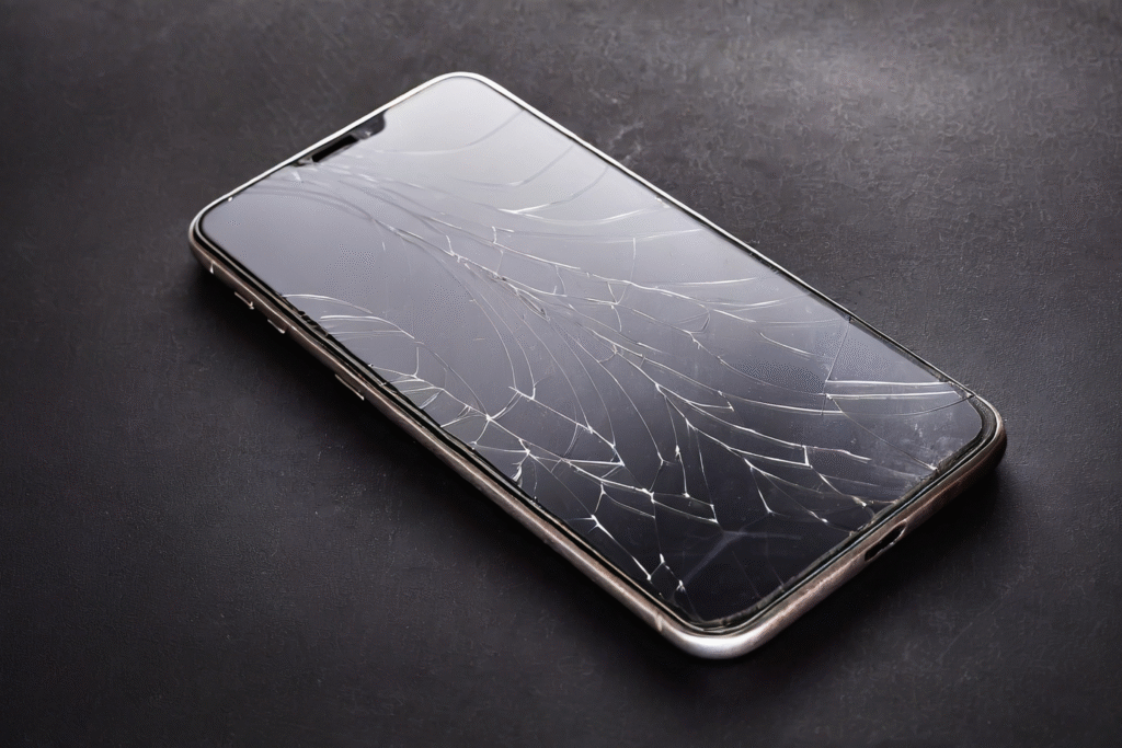 iPhone cracked screen on table
