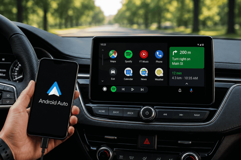 Android Auto dashboard with smartphone navigation screen