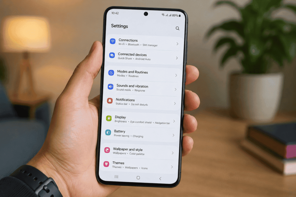 Android smartphone settings screen in hand
