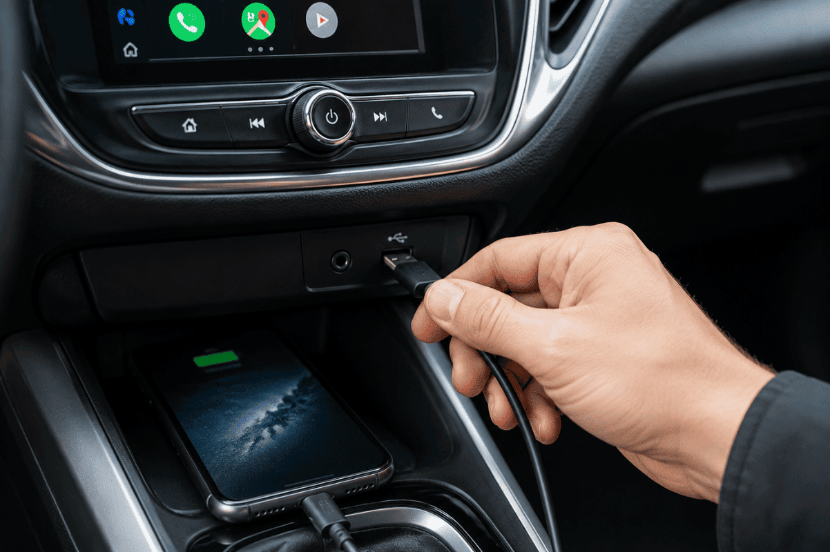 USB cable connecting phone to car