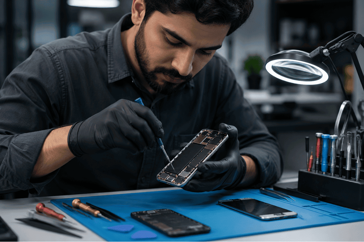 mobile phone repair technician fixing smartphone