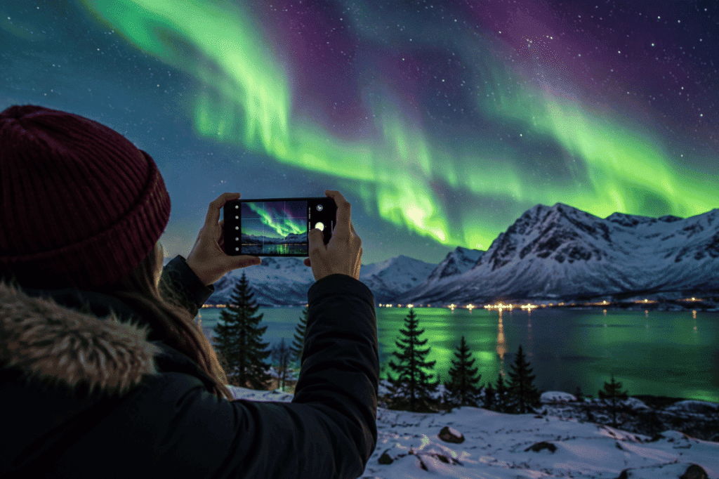 person photographing northern lights with smartphone