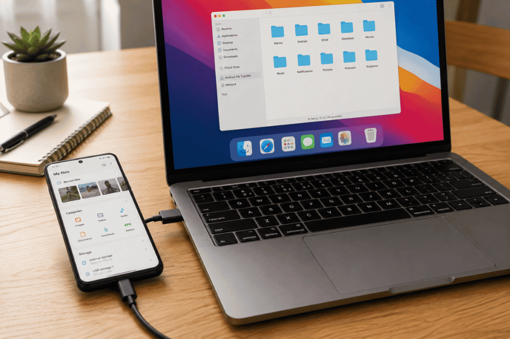 Android phone connected to MacBook USB file transfer