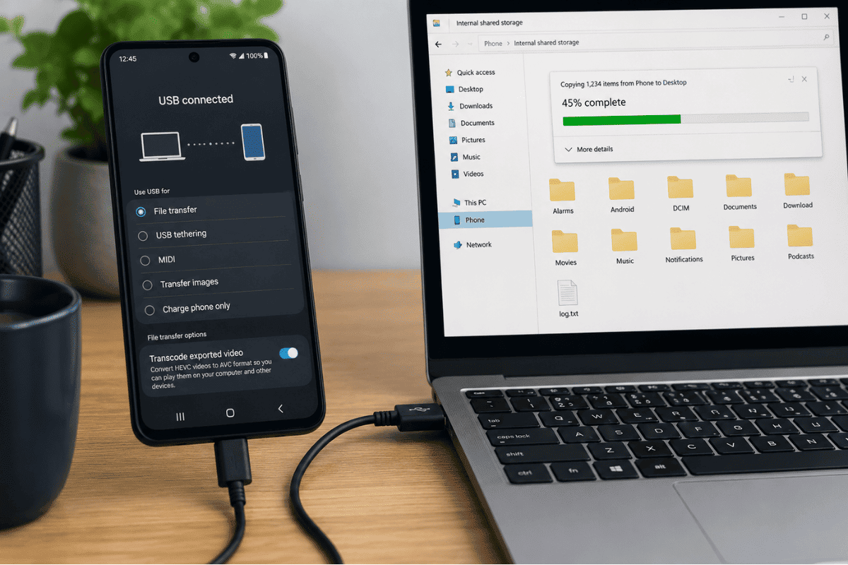 Android phone connected to laptop transferring files