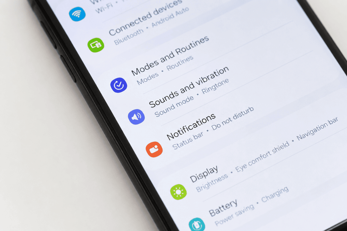 Android smartphone settings menu