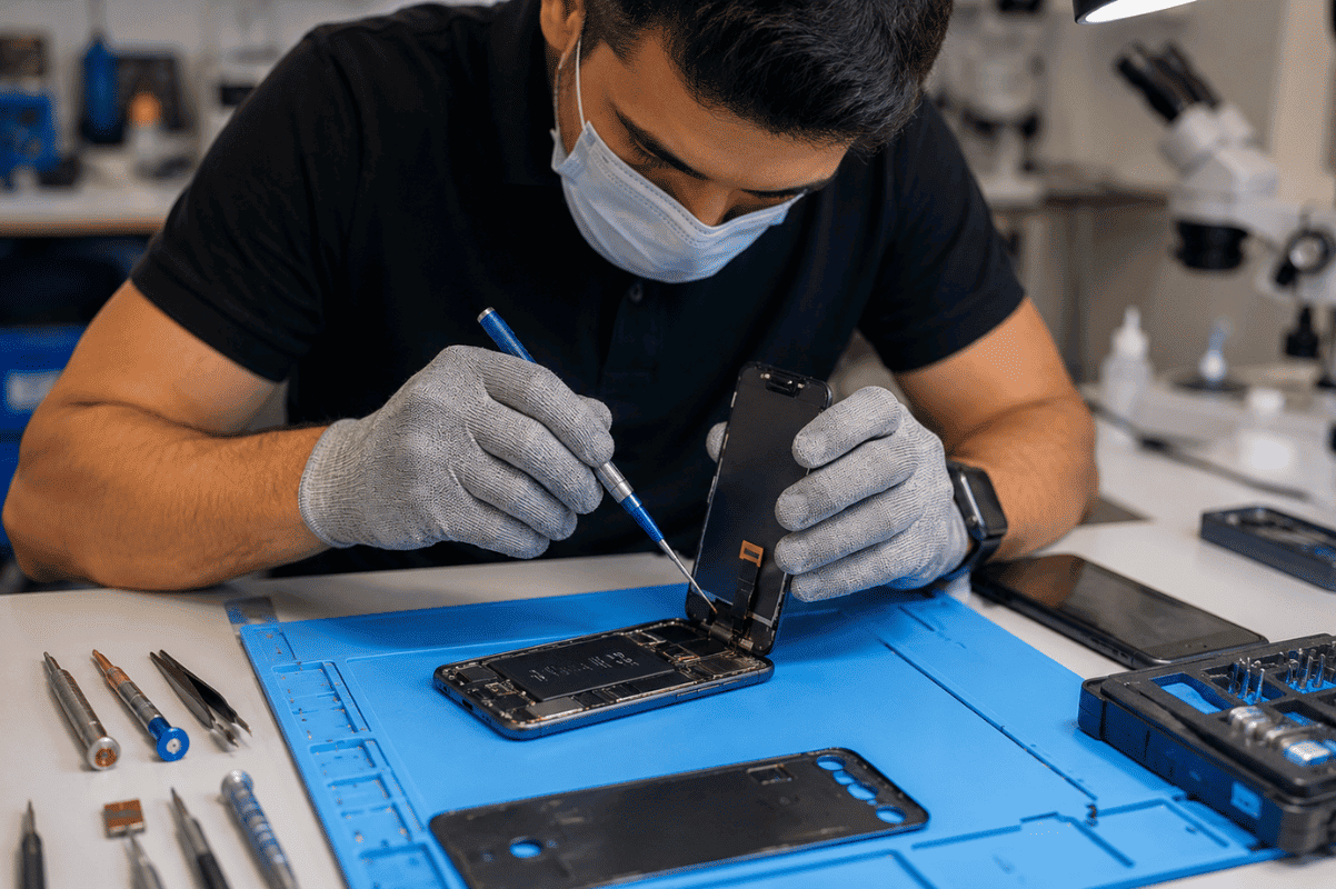 Mobile phone repair technician fixing screen