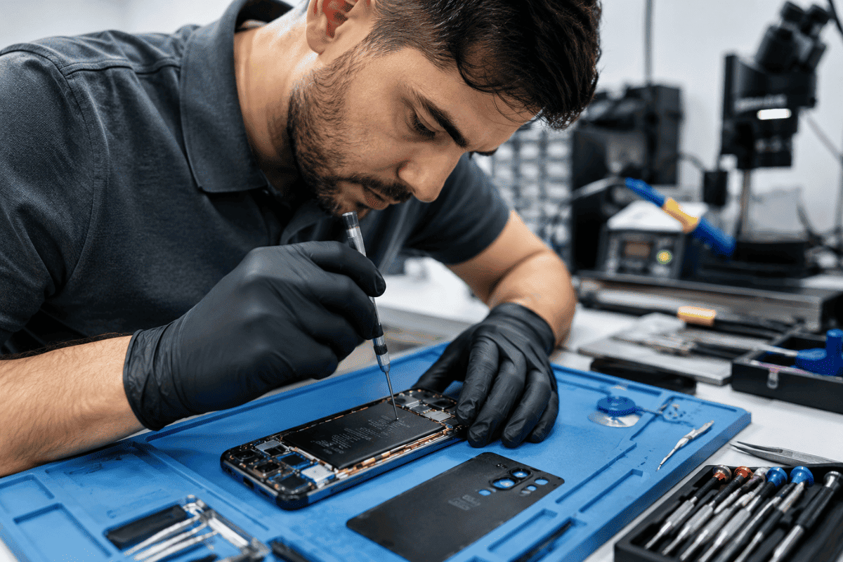 Mobile phone technician repairing Android smartphone
