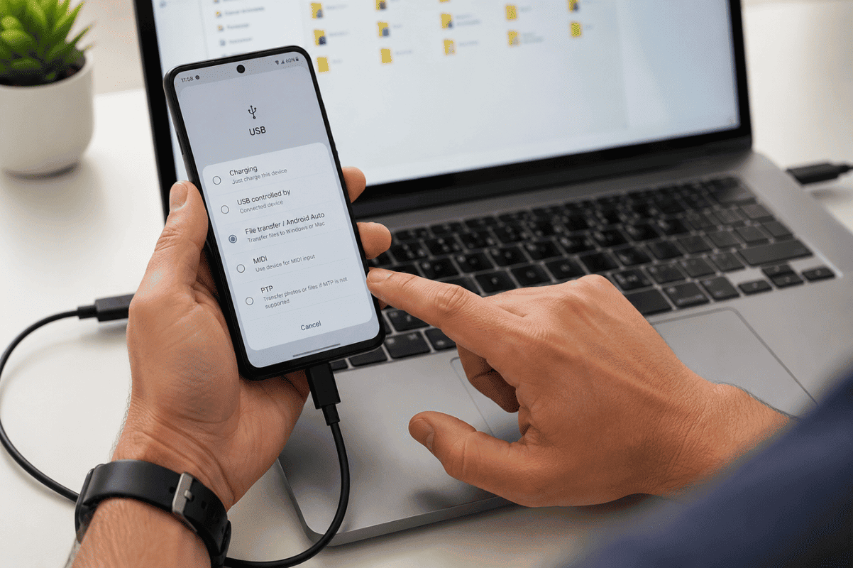 Person holding Android phone USB settings connected laptop