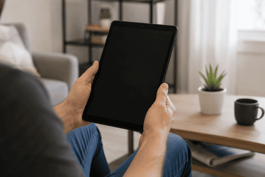 Person holding black Android tablet
