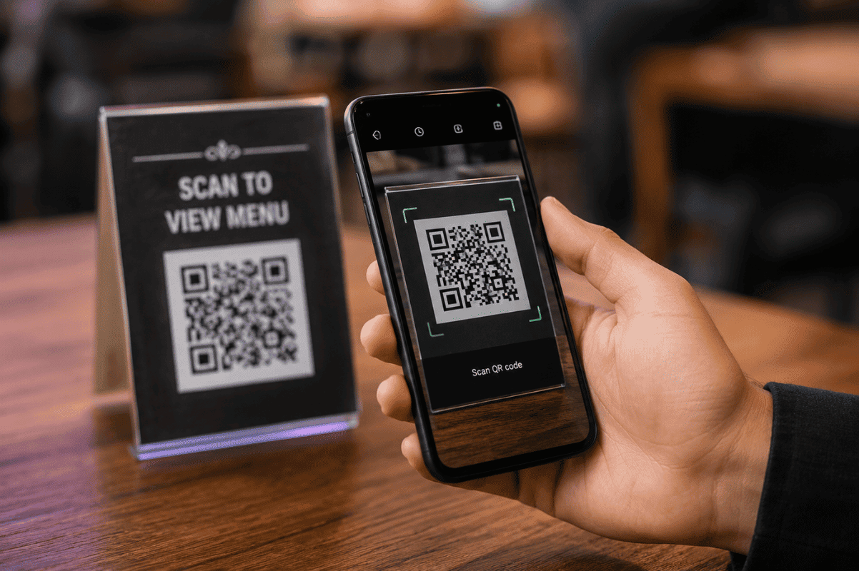 Person scanning QR code with Android smartphone