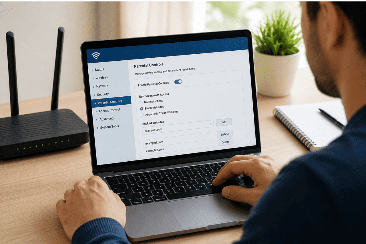 person configuring Wi-Fi router on laptop