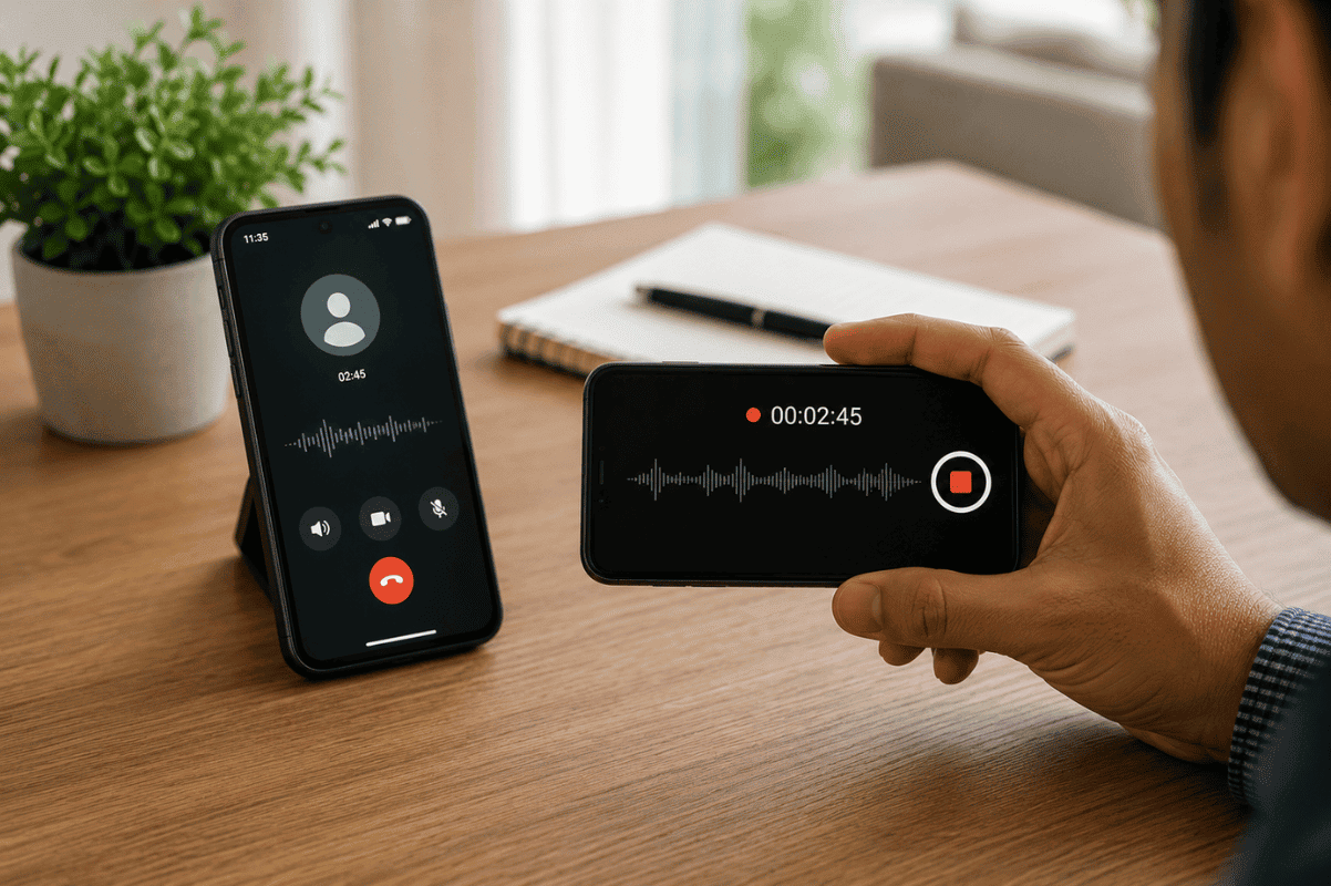 person recording phone conversation with another smartphone