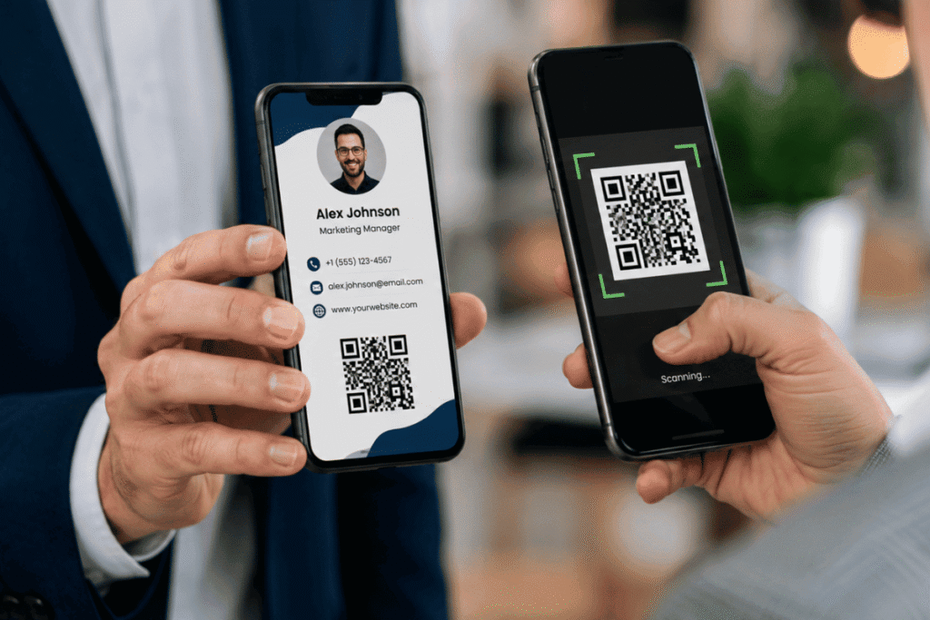 person sharing digital business card with smartphone