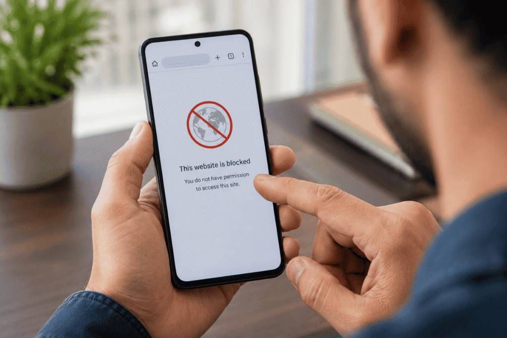 person using Android phone with website blocked notification