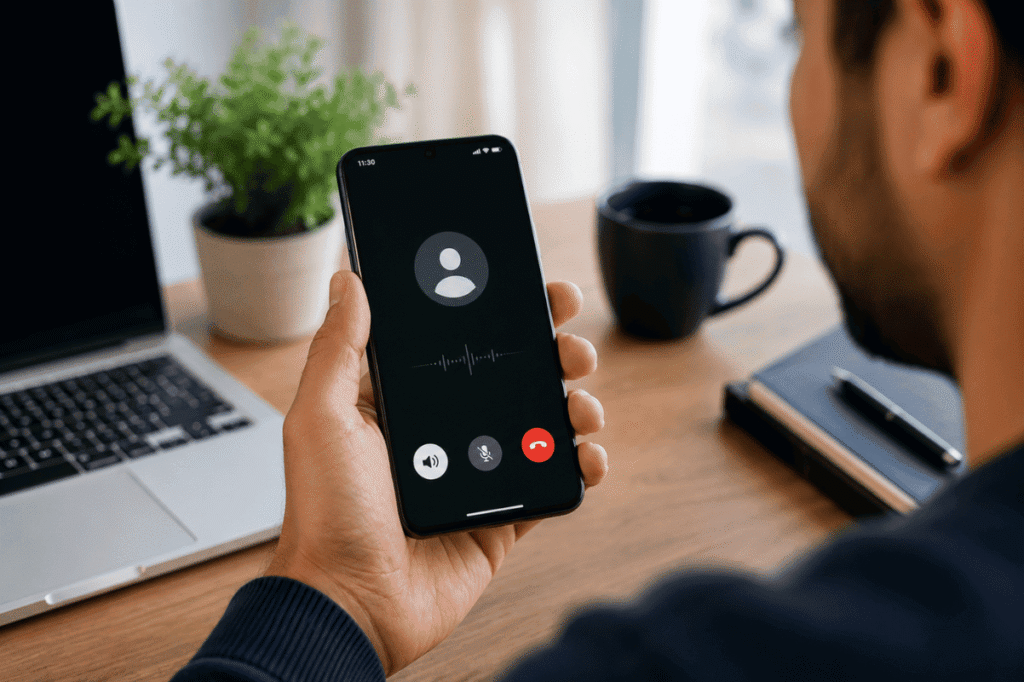 person using smartphone during voice call at desk