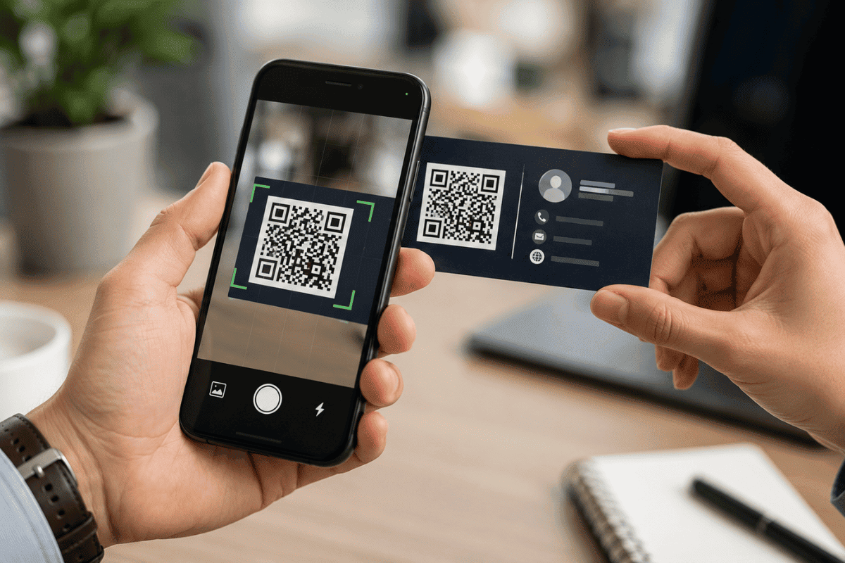 smartphone scanning qr code business card