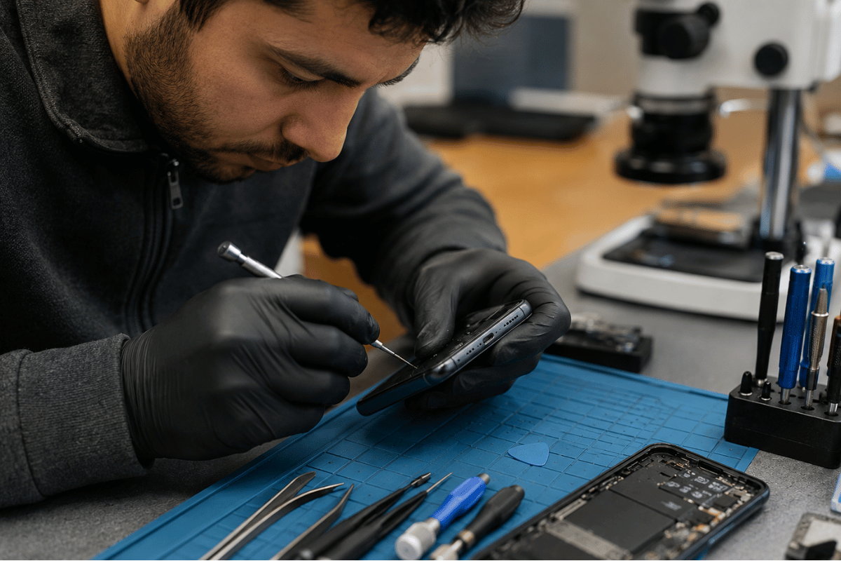 technician inspecting an Android phone