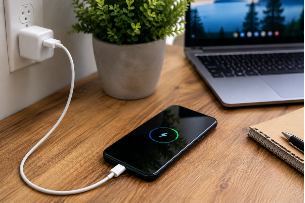 Android phone charging with wall charger on desk