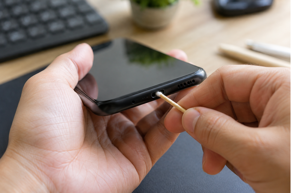 Cleaning smartphone charging port close up