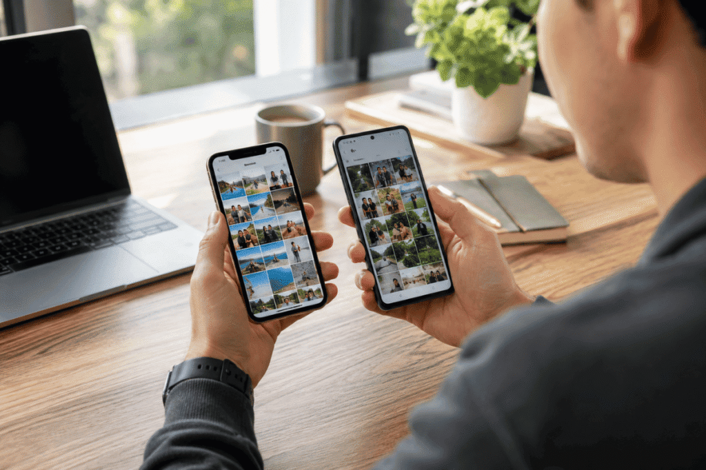 Person transferring photos from iPhone to Android smartphone