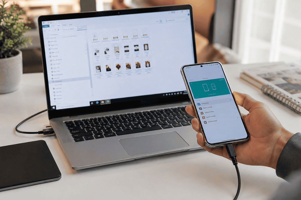 Person using Android phone and laptop