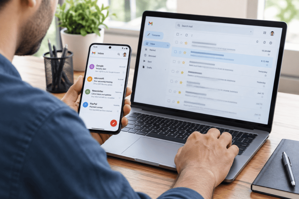 Person using Android phone with email on laptop
