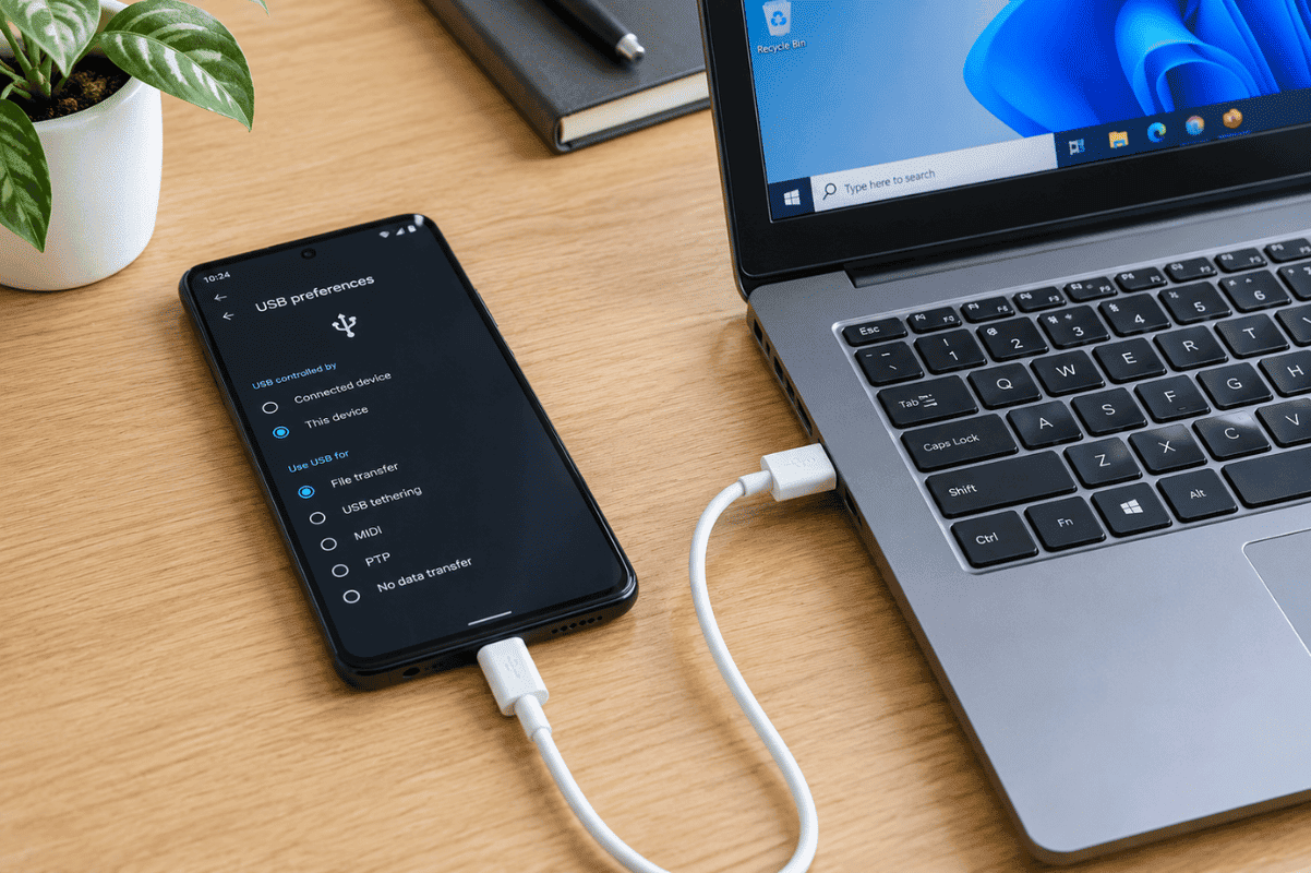 Android phone USB connected to laptop