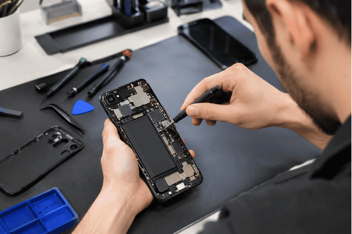 technician repairing Android smartphone