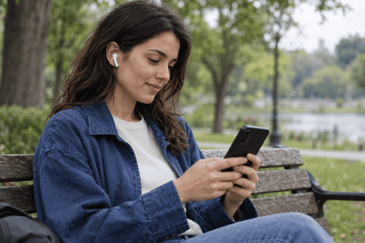 person using wireless earbuds smartphone
