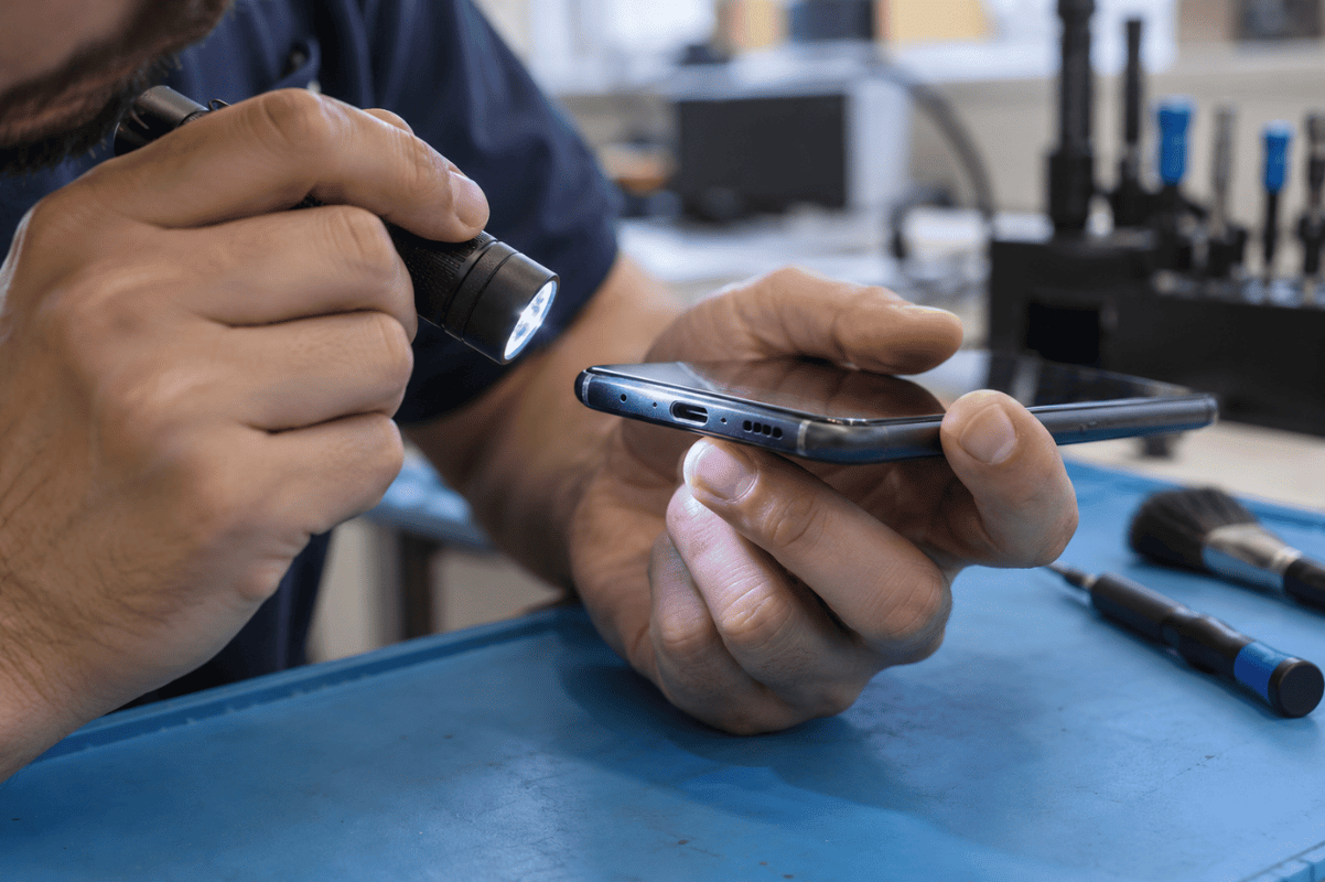 technician inspecting phone charging port